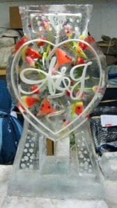 Monogram Heart Drink Ice Luge, with fresh watermelon, strawberries and pink tulips