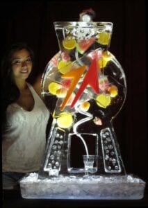 Cosmo drink luge with corporate logo and bartender