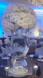 Tall Vase w Soccer Balls Ice Sculpture