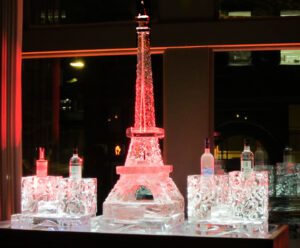 Eiffel Tower Ice Sculpture with bottle holders for a shot station